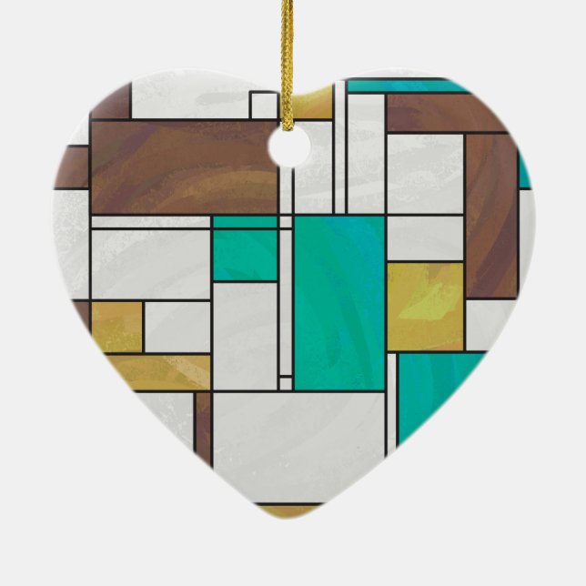 Mondrian Brown Yellow Aquamarin Print Keramik Ornament (Hinten)