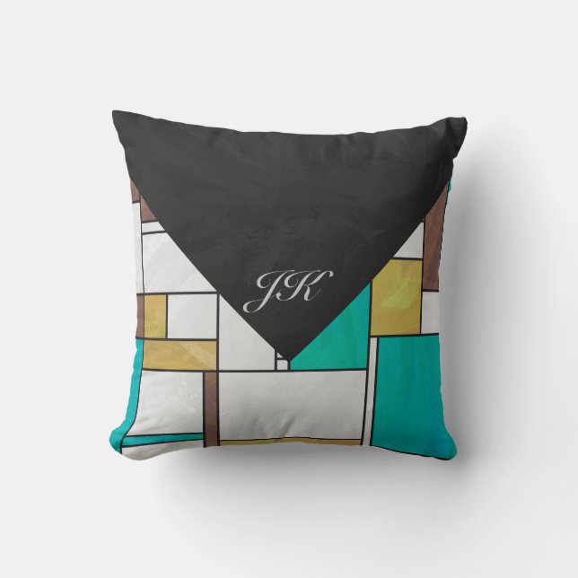 Mondrian Brown Yellow Aquamarin Print Kissen (Vorderseite)