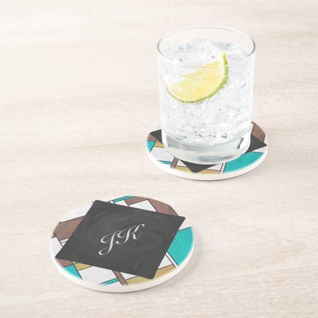 Mondrian Brown Yellow Aquamarin Print Sandstein Untersetzer (Seite)