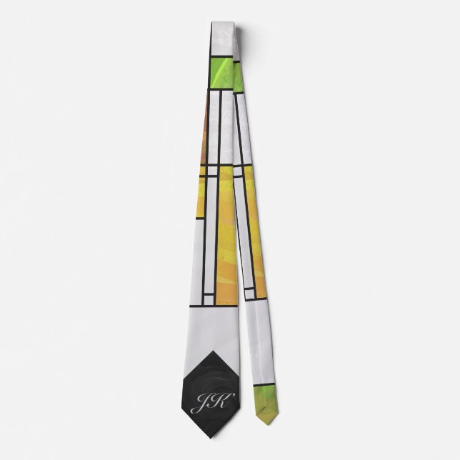 Mondrian Brown Yellow Green Print Krawatte (Vorderseite)