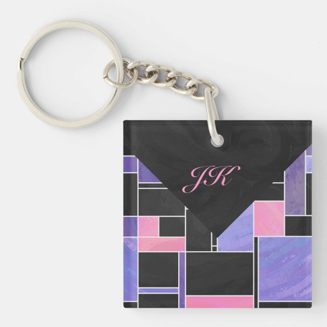 Mondrian Lila Pink Black Print Schlüsselanhänger (Vorderseite)
