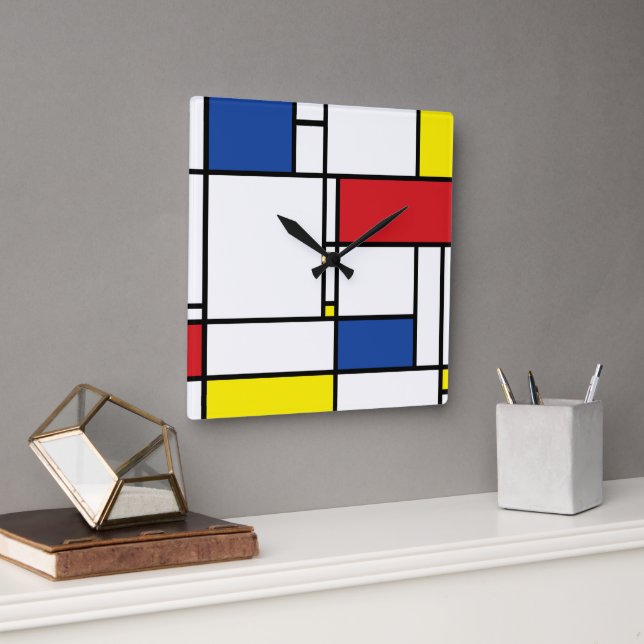 Mondrian Minimalistisch Geometric De Stijl Modern  Quadratische Wanduhr (Büro)