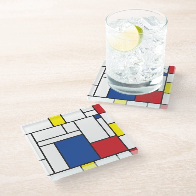 Mondrian Minimalistisch Geometric De Stijl Moderne Glasuntersetzer (Schrägansicht)