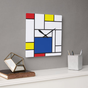 Mondrian Minimalistische Geometrische De-Stijl-Mod Quadratische Wanduhr