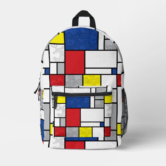 Mondrian Retro Circles Minimalistisch De Stijl Mod Bedruckter Rucksack (Vorderseite)