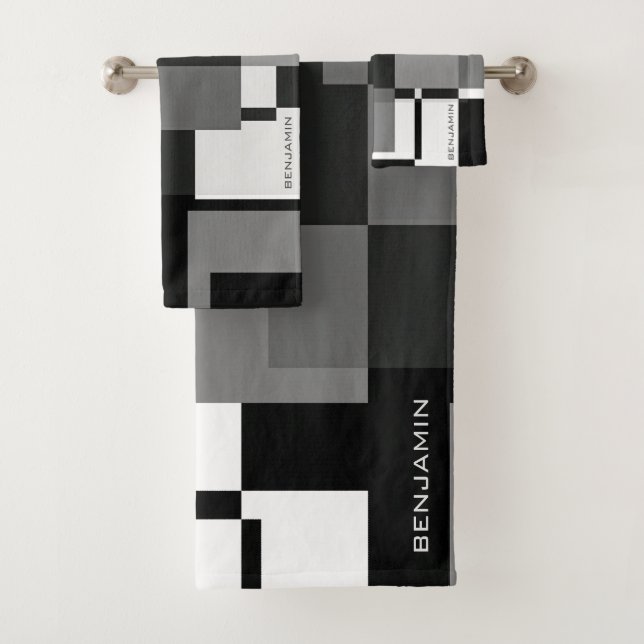 Mondrian Style Abstrakt Moderne Muster Schwarz-wei Badhandtuch Set (Insitu)