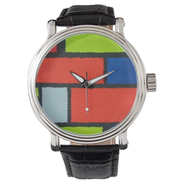 Mondrian Style Orange Green Blue Fuzzy Abstrakt Armbanduhr (Vorderseite)