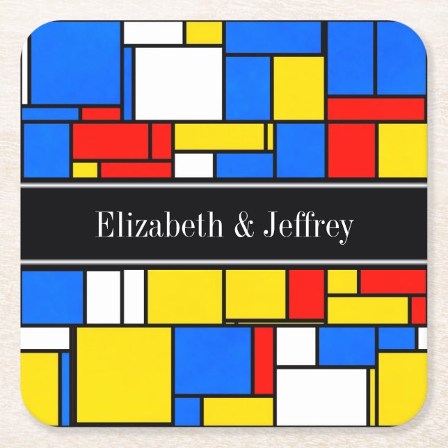 Mondrian Style Red Blue Yellow Black Name Monogram Rechteckiger Pappuntersetzer (Vorderseite)