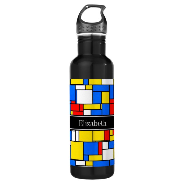 Mondrian Style Red Blue Yellow Black Name Monogram Trinkflasche (Vorderseite)
