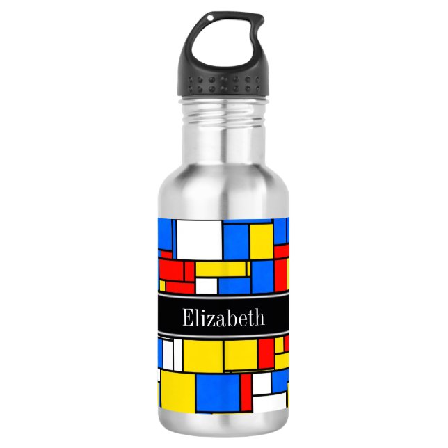 Mondrian Style Red Blue Yellow Black Name Monogram Trinkflasche (Vorderseite)