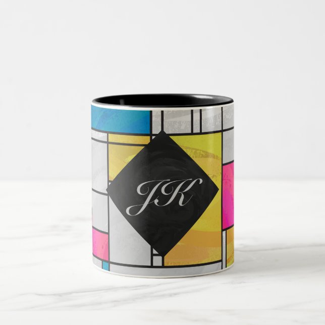 Mondrian Yellow Pink Blue Print Zweifarbige Tasse (Mittel)