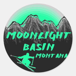 Mondschein-Becken-Montana-Skifahrer Runder Aufkleber