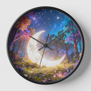 Mondsichel-Fantasie-Wald-Wanduhr Uhr