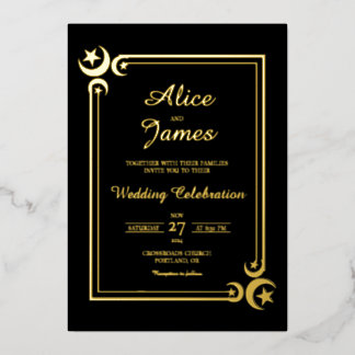 Mondstern Elegant Schwarz Goldfolie Hochzeit Folieneinladung