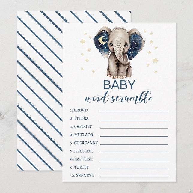 Mondsternchen Elefant Baby Dusche Wort Rührei Kart Hinweiskarte (Vorne/Hinten)