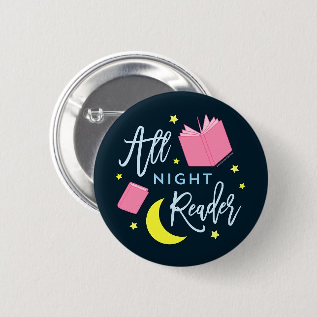 Mondsterne und rosa Bücher für die ganze Nacht Button (Vorne & Hinten)