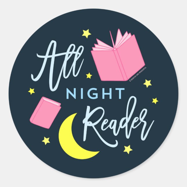 Mondsterne und rosa Bücher für die ganze Nacht Runder Aufkleber (Vorderseite)