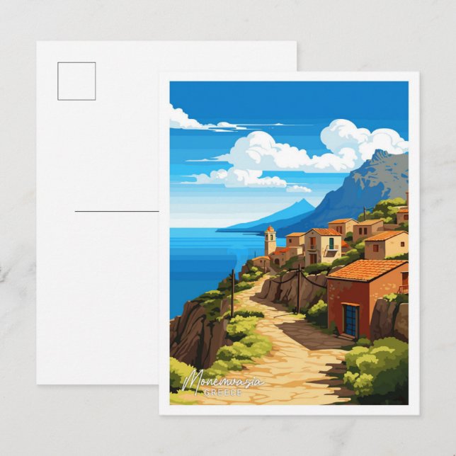Monemvasia Griechenland Reisen Vintage Illustratio Postkarte (Vorne/Hinten)
