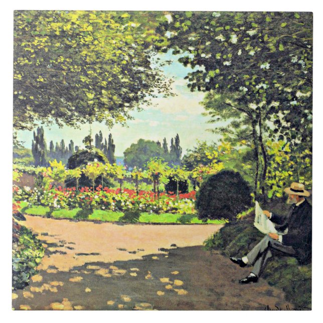 Monet - Adolphe Monet Lesen im Garten Fliese (Vorderseite)