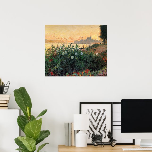 Monet - Argenteuil, Blumen am Flussufer Poster (Heimbüro)