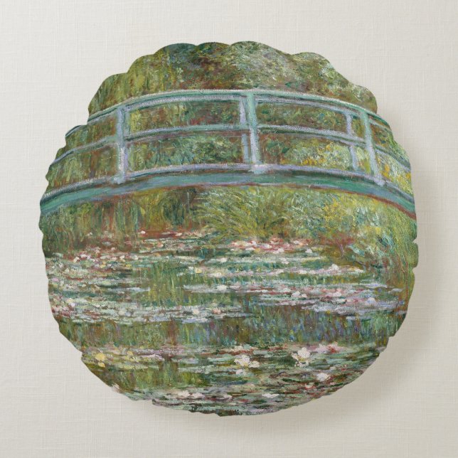 Monet Art Bridge über einem Teich der Wasserläufe Rundes Kissen (Vorderseite)