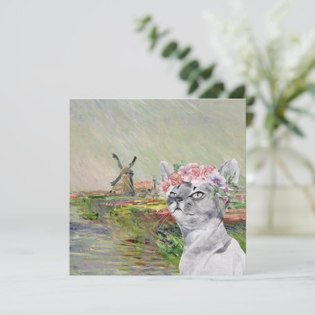 Monet Champ Tulipes und Extravagante Katze Karte (Stehend Vorderseite)