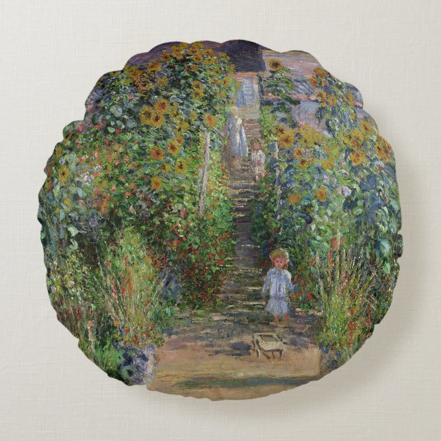 Monet Garden Vetheuil Impressionim Malerei Rundes Kissen (Vorderseite)