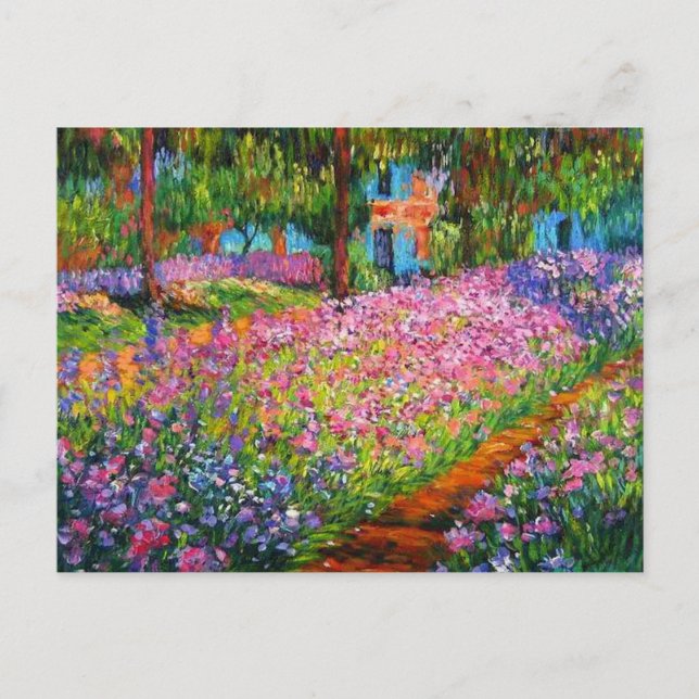 Monet Iris Garden Design mit rosa Hintergrund Postkarte (Vorderseite)