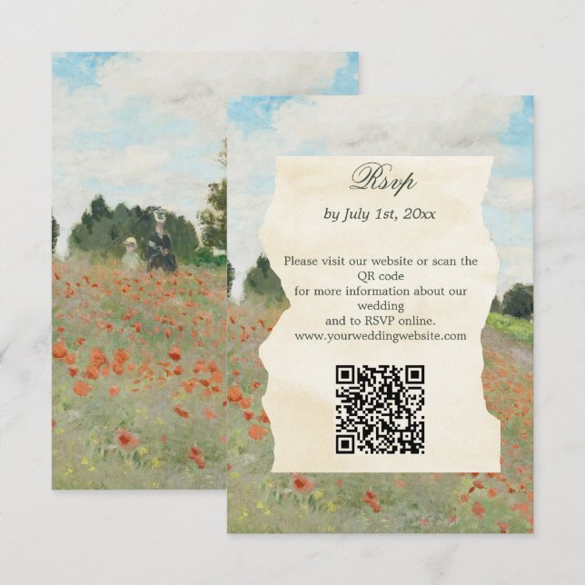 Monet-Kunst Mohnfeld Hochzeitswebsite QR-Code RSVP Karte (Vorne/Hinten)