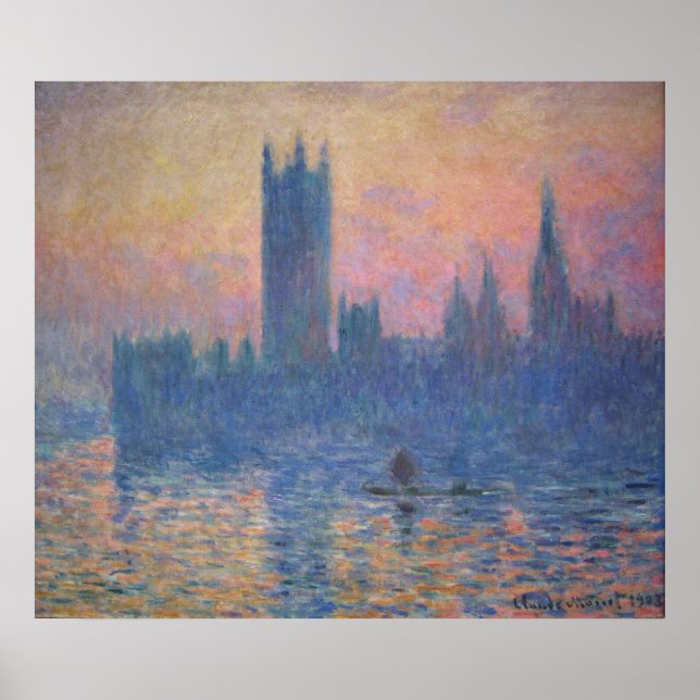 Monet - Parlamentsgebäude bei Sonnenuntergang Poster (Vorne)