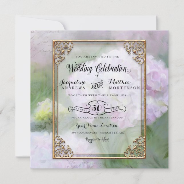 Monet Style Hydrangea Floral Art Gold Typografie Einladung (Vorderseite)