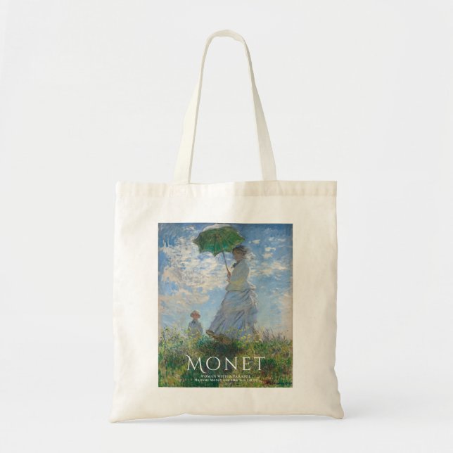 Monet Tote Tag Kunst, Frau mit Sonnenschirm Tragetasche (Vorne)