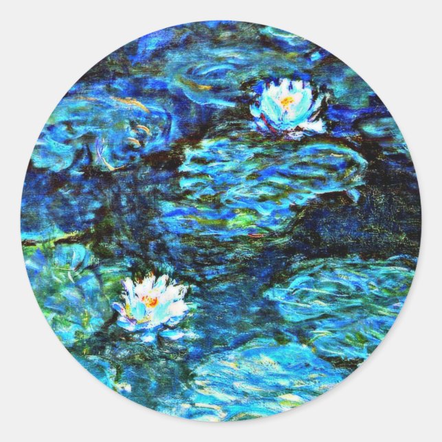 Monet - Water Lilies, blau Runder Aufkleber (Vorderseite)