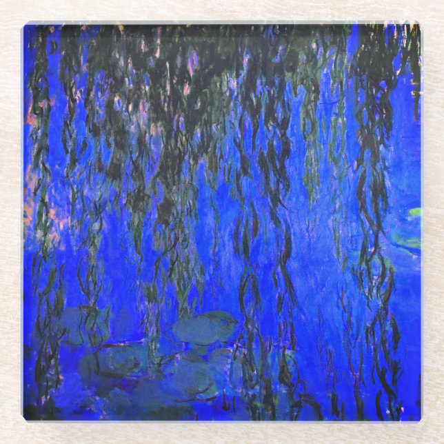 Monet Water Lilies und Weeping Willow Branches Glasuntersetzer (Vorderseite)