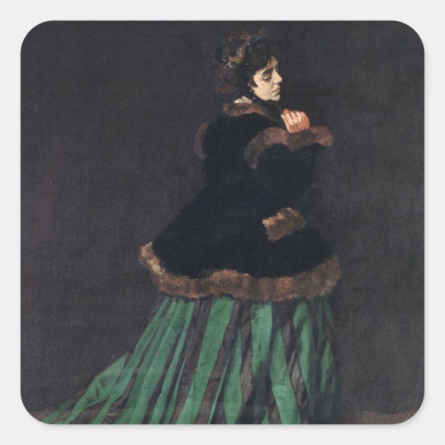 Monet Woman in grünem Kleid Quadratischer Aufkleber (Vorderseite)