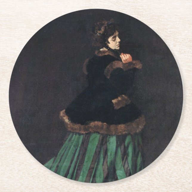 Monet Woman in grünem Kleid Runder Pappuntersetzer (Vorderseite)