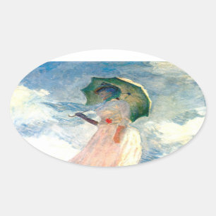 Monet Woman mit einem Sonnenschirm gegenüber Links Ovaler Aufkleber