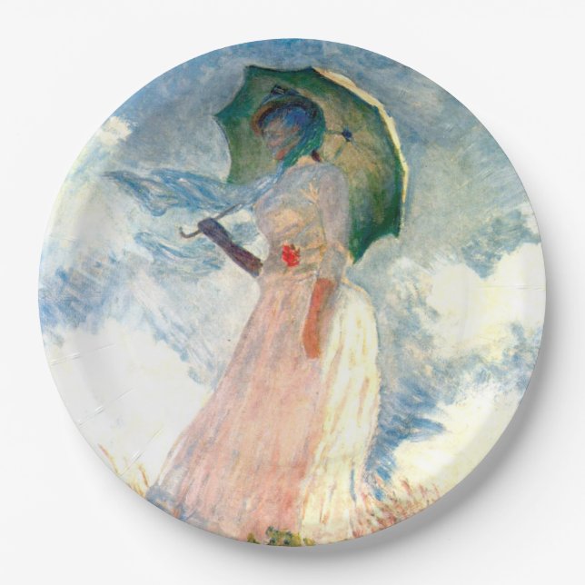 Monet Woman mit einem Sonnenschirm gegenüber Links Pappteller (Vorderseite)
