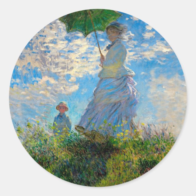 Monet Woman Parasol Impressionismus Runder Aufkleber (Vorderseite)