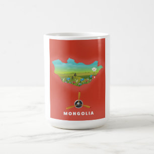 Mongolei Illustrierte Landkarte Tourismusposter. Verwandlungstasse
