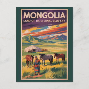 Mongolei Pferde Jurte Illustration Reise Kunst Ret Postkarte