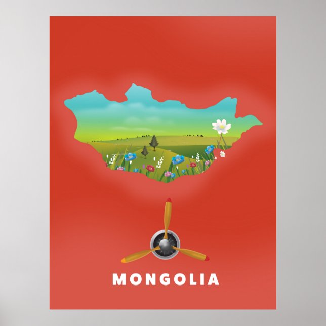 Mongolie Carte illustrée affiche touristique. (Devant)