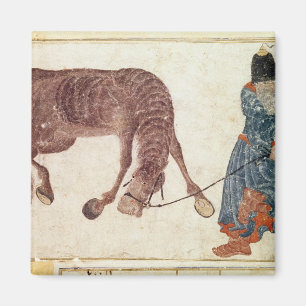 Mongolischer Nomade, der sein Pferd zum Wasser Magnet