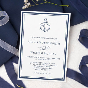 Mongram Anchor White Navy Nautical Wedding Einladung