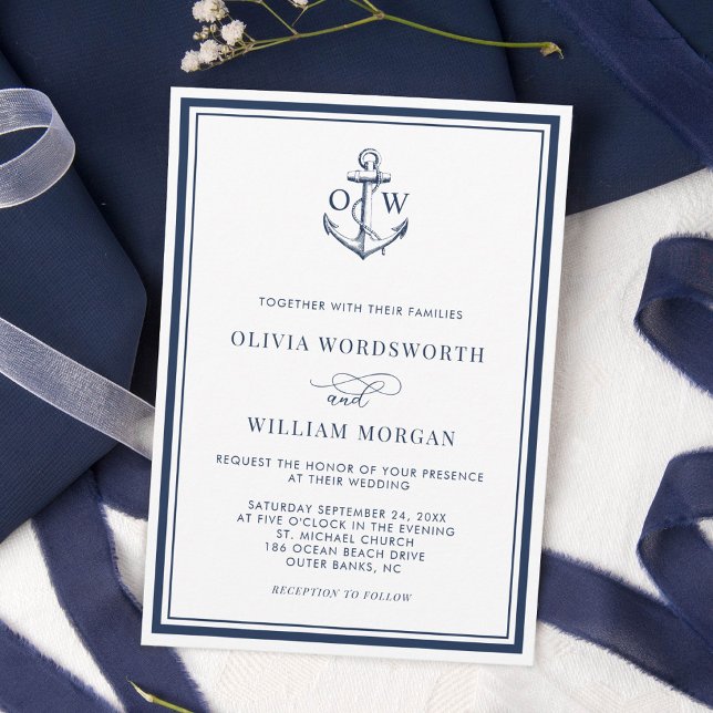 Mongram Anchor White Navy Nautical Wedding Einladung (Von Creator hochgeladen)