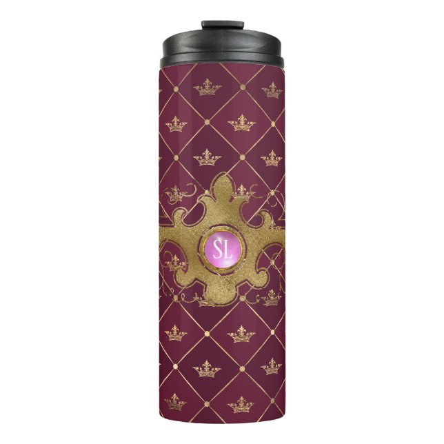 Mongram aus Burgund und Gold Paris Edelstein Thermosbecher (Vorderseite)