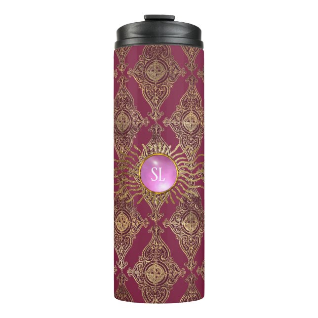 Mongram aus Burgund und Gold Paris Edelstein Thermosbecher (Vorderseite)