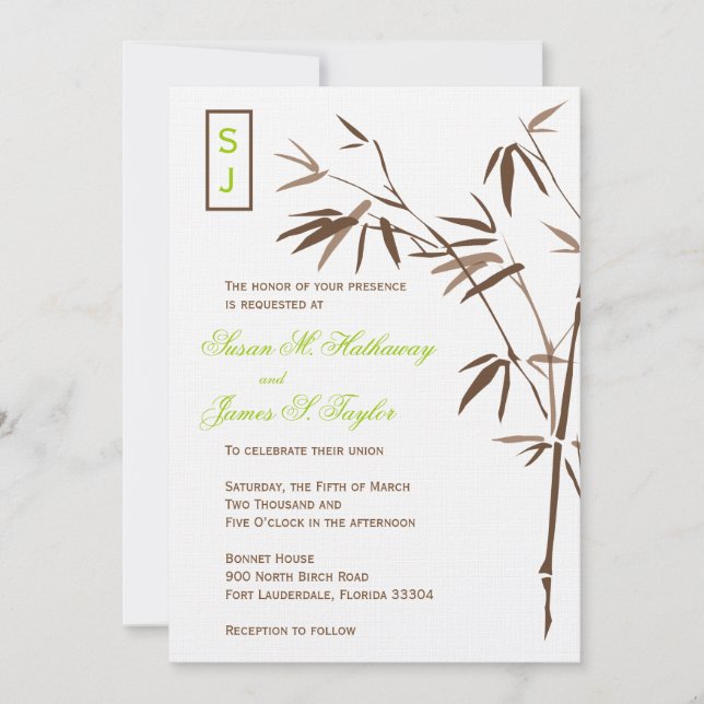 Mongram Bamboo Hochzeitseinladungen| Braun Einladung (Vorderseite)