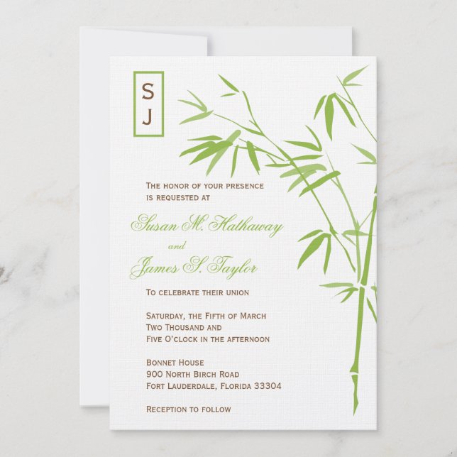 Mongram Bamboo Hochzeitseinladungen| Grün Einladung (Vorderseite)