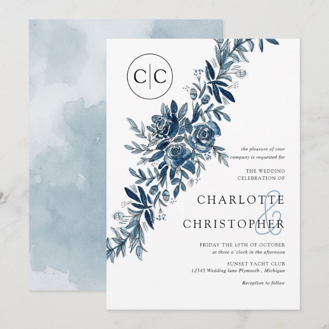 Mongram Blue Aquarell Flororal Lineart Hochzeit Einladung (Vorne/Hinten)